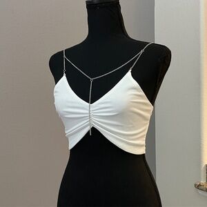 Shein White Ruched Crop Top With Removable Silver Chain Detailing, size XS